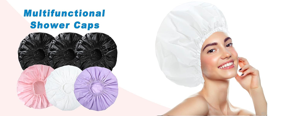 Shower Cap for Women, Double Layer Waterproof Bath Cap, Reusable Hair Protector, Large Waterproof Shower Bonnet Washable Elastic Band Bath Hair Hat for Long Hair, Braids, - Pink