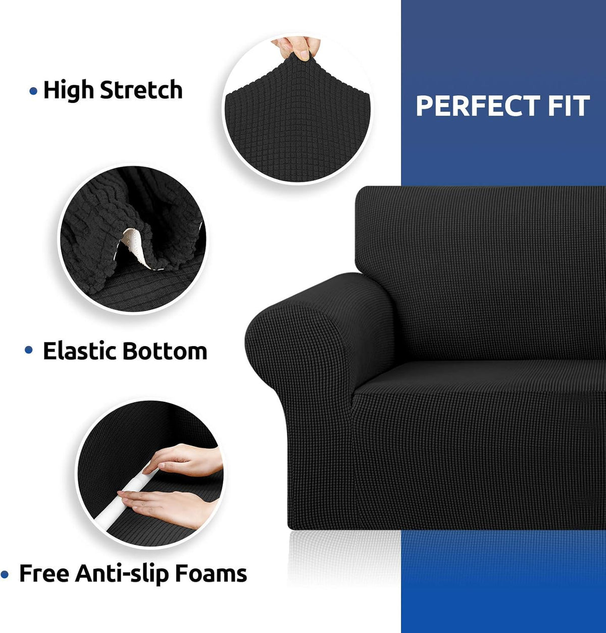 Stretch Sofa Cover Slipcover ,Couch Covers for 3 Cushion Couch Sofa pet Friendly (78"-94") Furniture Protector Sofa with Elastic Bottom for Kids,Dog, Jacquard Small Checked(Large,Black)