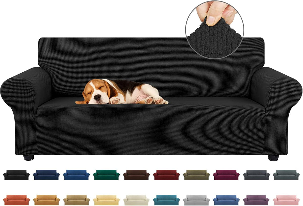 Stretch Sofa Cover Slipcover ,Couch Covers for 3 Cushion Couch Sofa pet Friendly (78"-94") Furniture Protector Sofa with Elastic Bottom for Kids,Dog, Jacquard Small Checked(Large,Black)