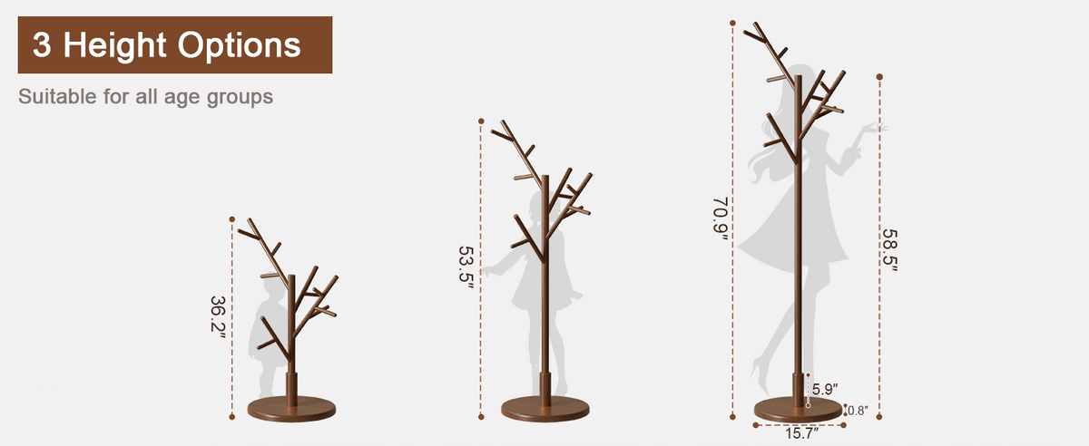 Coat Rack,Solid Wood Coat Rack Freestanding with 12 Hooks,Coat tree freestanding 3 Adjustable Heights for coat, Hats, Handbags,Coat Stand for Entryway,Bedroom (Walnut)
