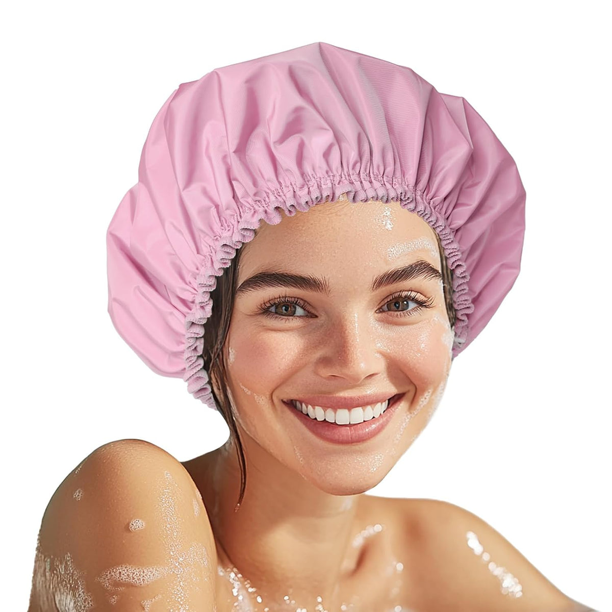 Shower Cap for Women, Double Layer Waterproof Bath Cap, Reusable Hair Protector, Large Waterproof Shower Bonnet Washable Elastic Band Bath Hair Hat for Long Hair, Braids, - Pink