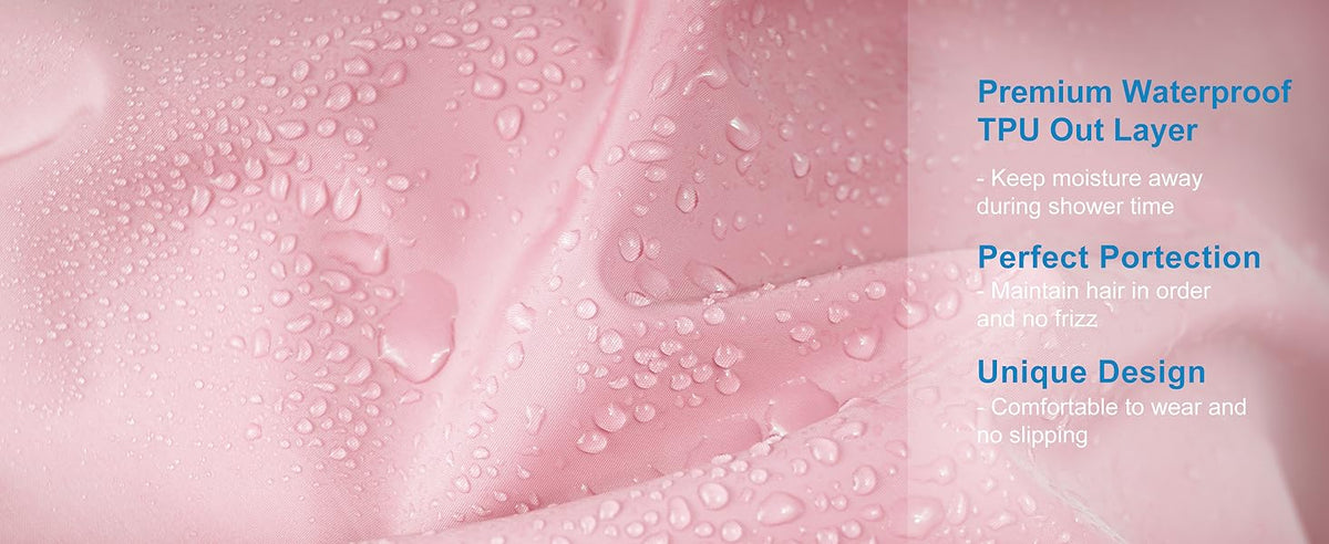 Shower Cap for Women, Double Layer Waterproof Bath Cap, Reusable Hair Protector, Large Waterproof Shower Bonnet Washable Elastic Band Bath Hair Hat for Long Hair, Braids, - Pink