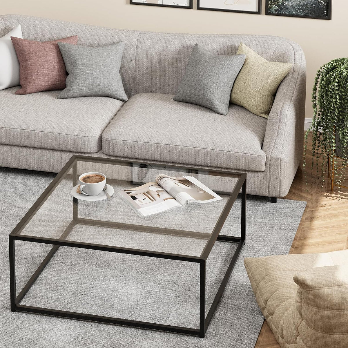 Black Glass Coffee Table for Living Room,Square Coffee Tables for Small Spaces,Simple Tea Cocktail Modern Center Tables, Living Room Tables,Easy Assembly,26 * 26in(Black & Clear Glass)