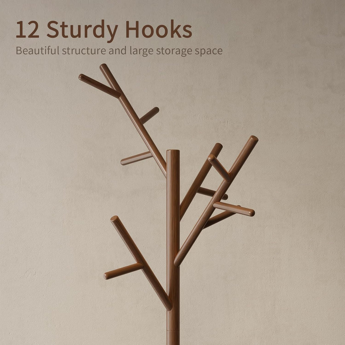 Coat Rack,Solid Wood Coat Rack Freestanding with 12 Hooks,Coat tree freestanding 3 Adjustable Heights for coat, Hats, Handbags,Coat Stand for Entryway,Bedroom (Walnut)