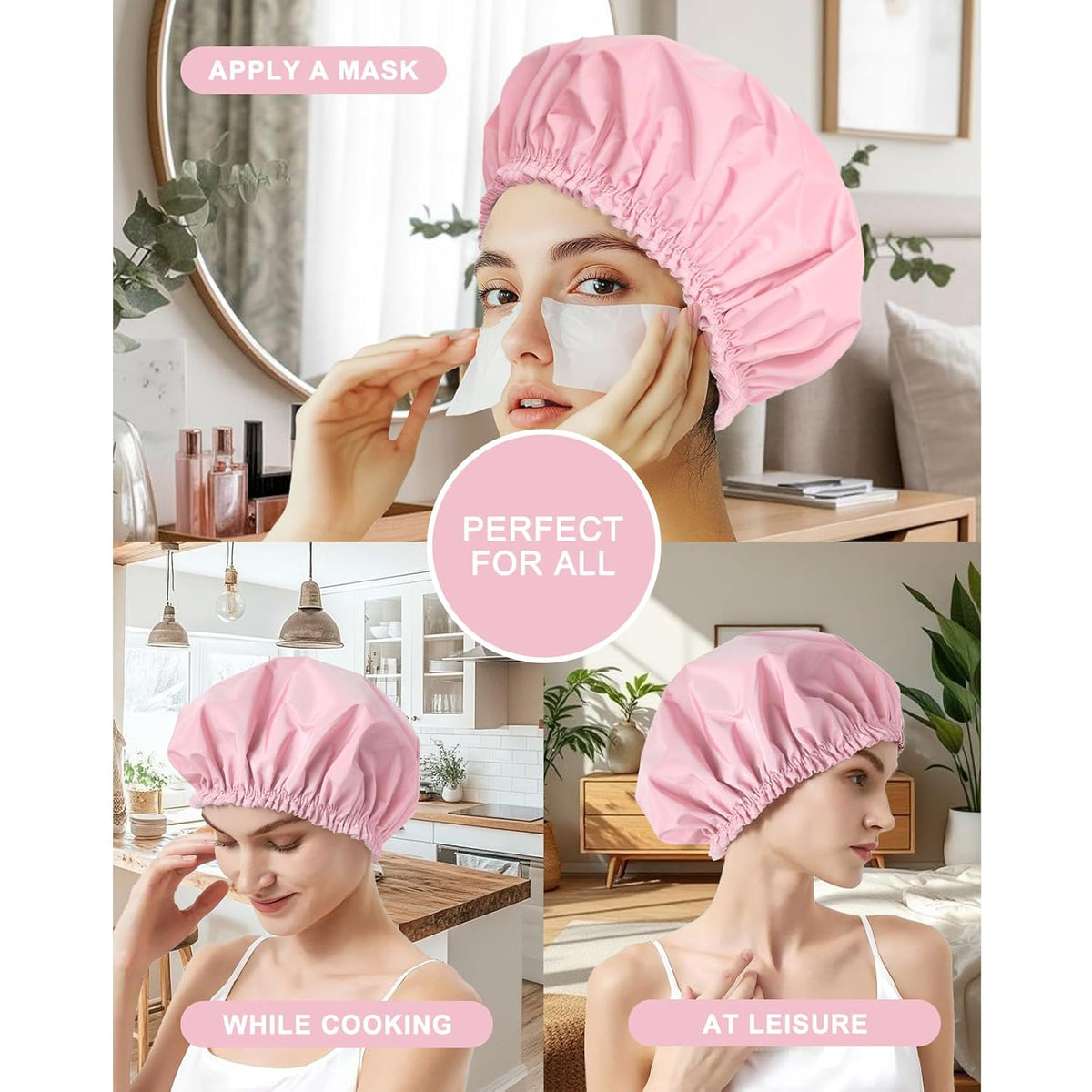 Shower Cap for Women, Double Layer Waterproof Bath Cap, Reusable Hair Protector, Large Waterproof Shower Bonnet Washable Elastic Band Bath Hair Hat for Long Hair, Braids, - Pink