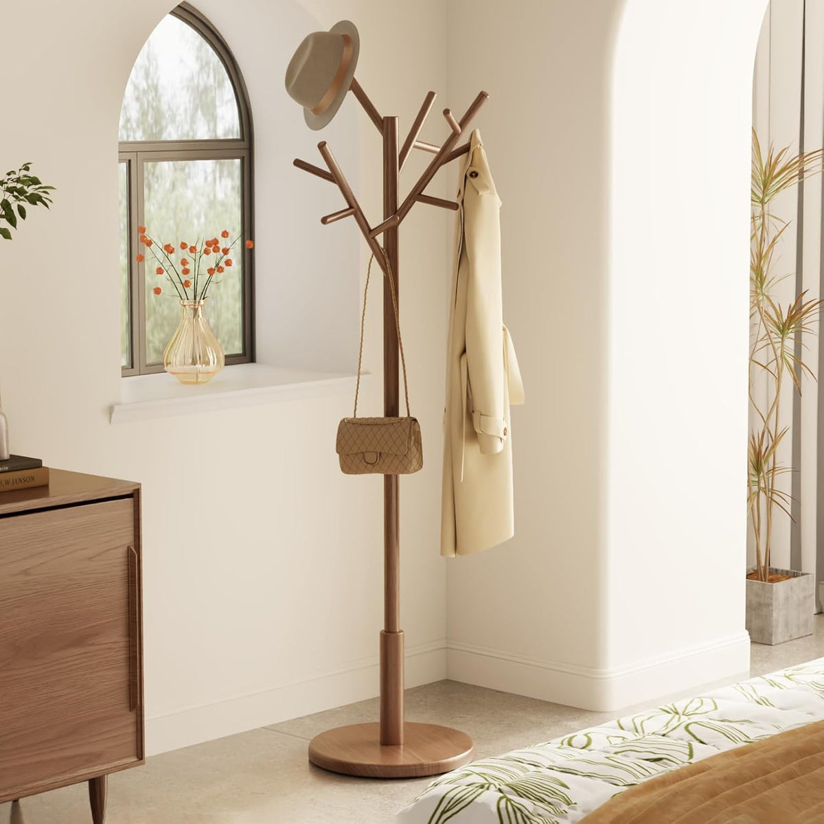 Coat Rack,Solid Wood Coat Rack Freestanding with 12 Hooks,Coat tree freestanding 3 Adjustable Heights for coat, Hats, Handbags,Coat Stand for Entryway,Bedroom (Walnut)