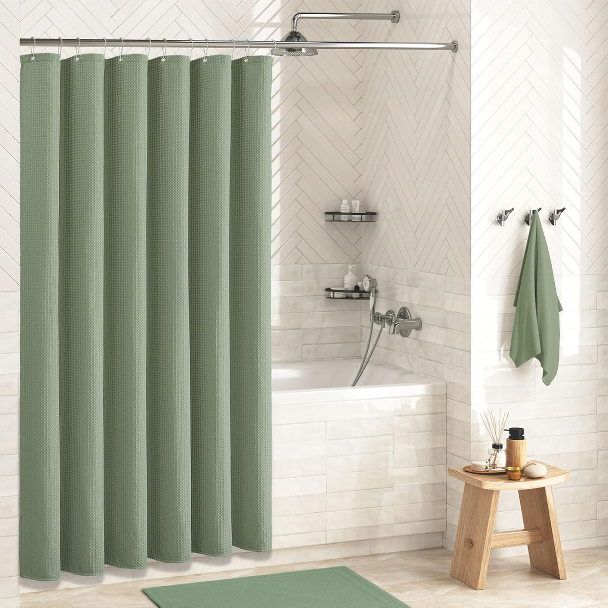 Dynamene Sage Green Shower Curtain - Waffle Textured Heavy Duty Thick Fabric Shower Curtains for Bathroom, 256GSM Luxury Weighted Polyester Cloth Bath Curtain Set with 12 Plastic Hooks,72Wx72H,Green