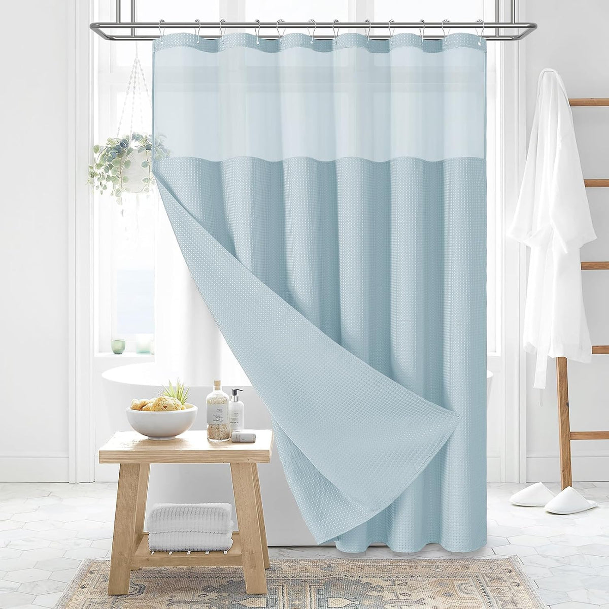 Dynamene Sage Green Shower Curtain - Waffle Textured Heavy Duty Thick Fabric Shower Curtains for Bathroom, 256GSM Luxury Weighted Polyester Cloth Bath Curtain Set with 12 Plastic Hooks,72Wx72H,Green