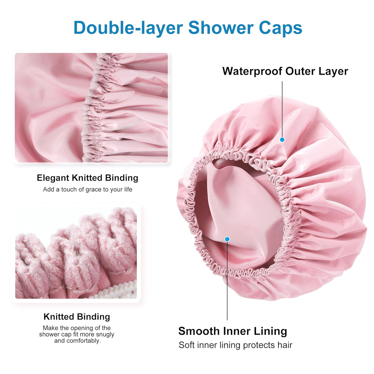 Shower Cap for Women, Double Layer Waterproof Bath Cap, Reusable Hair Protector, Large Waterproof Shower Bonnet Washable Elastic Band Bath Hair Hat for Long Hair, Braids, - Pink