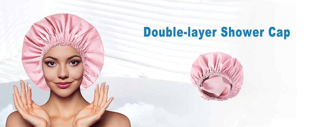 Shower Cap for Women, Double Layer Waterproof Bath Cap, Reusable Hair Protector, Large Waterproof Shower Bonnet Washable Elastic Band Bath Hair Hat for Long Hair, Braids, - Pink
