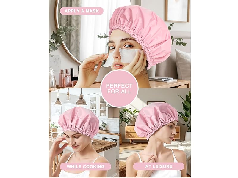 Shower Cap for Women, Double Layer Waterproof Bath Cap, Reusable Hair Protector, Large Waterproof Shower Bonnet Washable Elastic Band Bath Hair Hat for Long Hair, Braids, - Pink