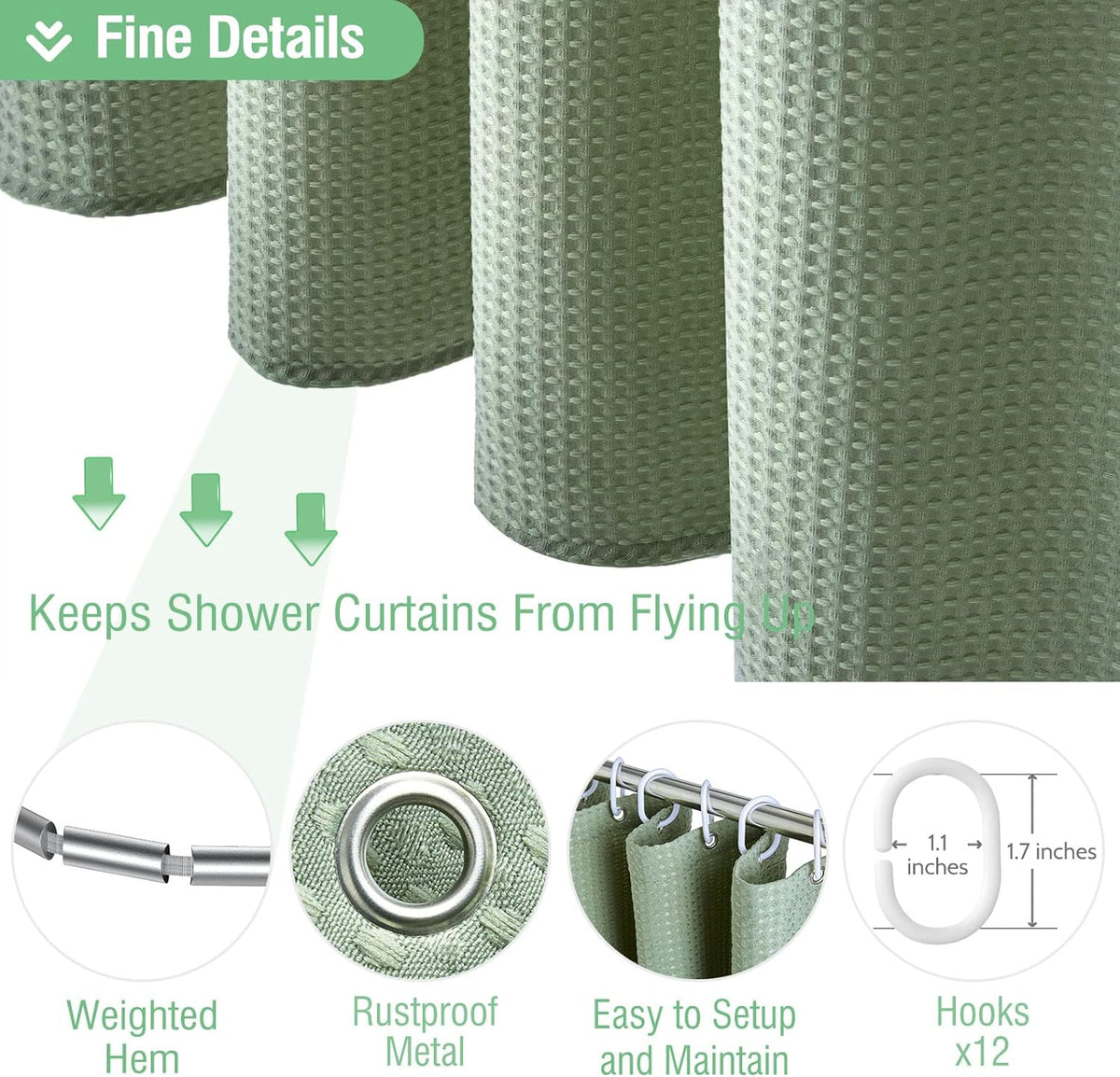 Dynamene Sage Green Shower Curtain - Waffle Textured Heavy Duty Thick Fabric Shower Curtains for Bathroom, 256GSM Luxury Weighted Polyester Cloth Bath Curtain Set with 12 Plastic Hooks,72Wx72H,Green