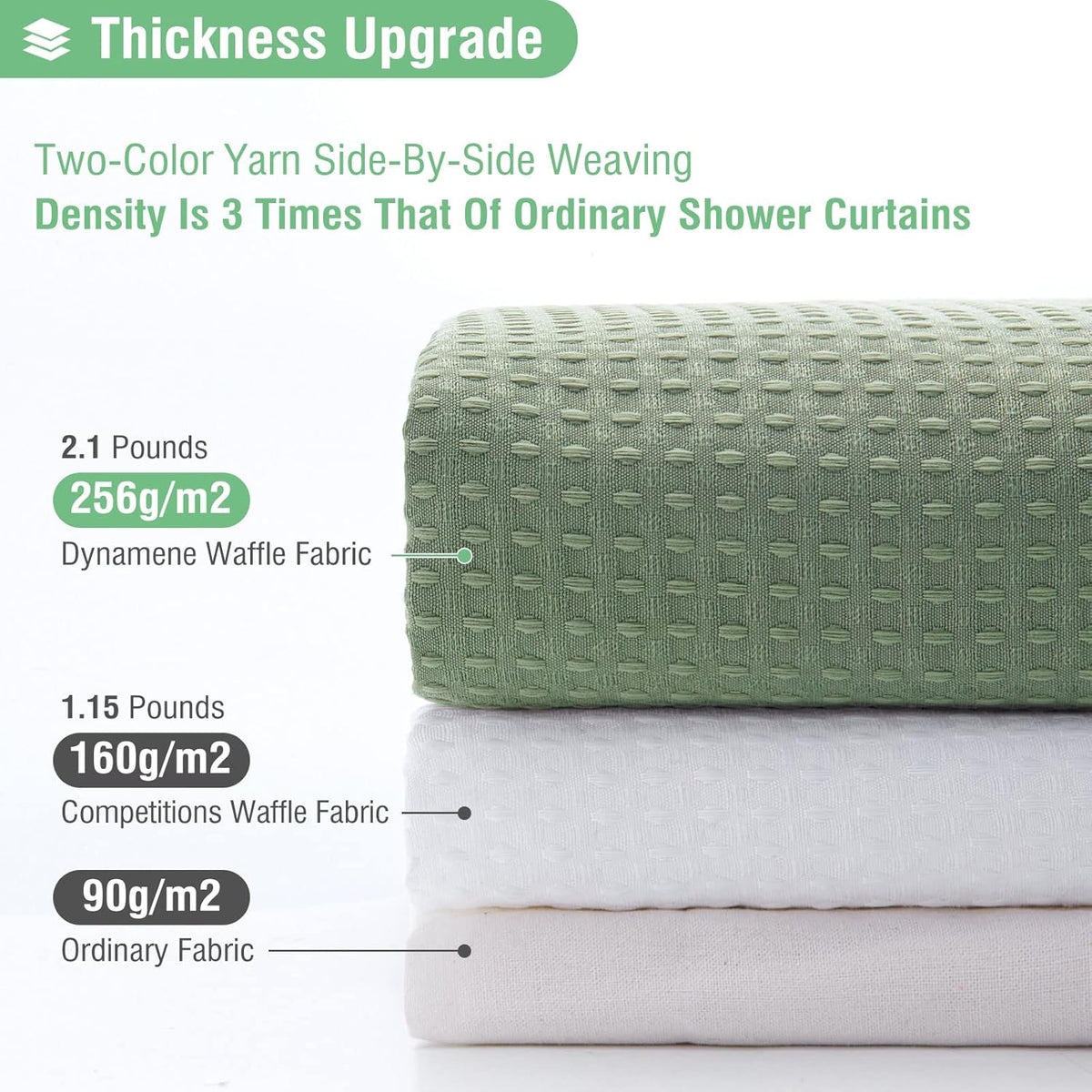 Dynamene Sage Green Shower Curtain - Waffle Textured Heavy Duty Thick Fabric Shower Curtains for Bathroom, 256GSM Luxury Weighted Polyester Cloth Bath Curtain Set with 12 Plastic Hooks,72Wx72H,Green