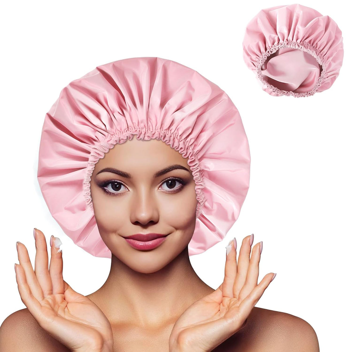 Shower Cap for Women, Double Layer Waterproof Bath Cap, Reusable Hair Protector, Large Waterproof Shower Bonnet Washable Elastic Band Bath Hair Hat for Long Hair, Braids, - Pink