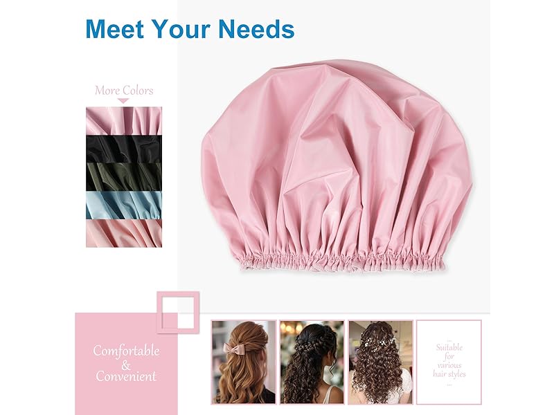 Shower Cap for Women, Double Layer Waterproof Bath Cap, Reusable Hair Protector, Large Waterproof Shower Bonnet Washable Elastic Band Bath Hair Hat for Long Hair, Braids, - Pink