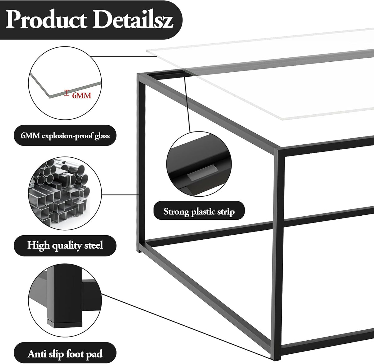 Black Glass Coffee Table for Living Room,Square Coffee Tables for Small Spaces,Simple Tea Cocktail Modern Center Tables, Living Room Tables,Easy Assembly,26 * 26in(Black & Clear Glass)