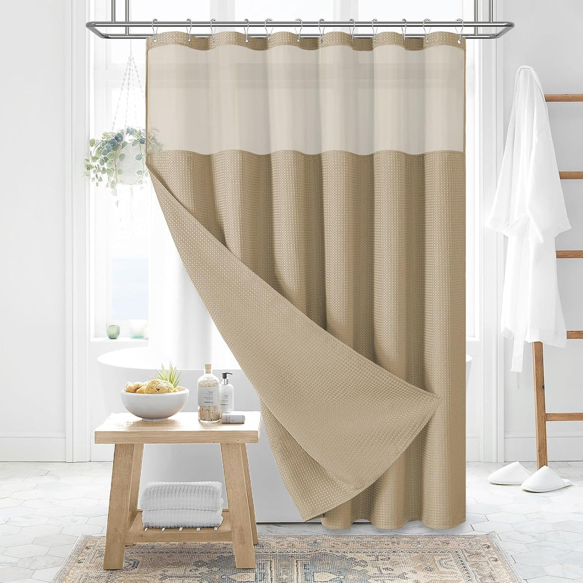 Dynamene Sage Green Shower Curtain - Waffle Textured Heavy Duty Thick Fabric Shower Curtains for Bathroom, 256GSM Luxury Weighted Polyester Cloth Bath Curtain Set with 12 Plastic Hooks,72Wx72H,Green