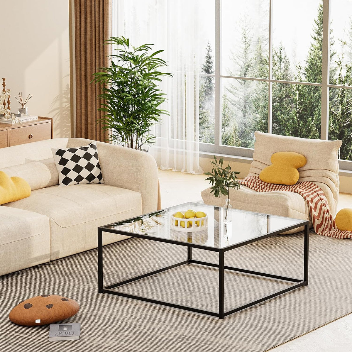 Black Glass Coffee Table for Living Room,Square Coffee Tables for Small Spaces,Simple Tea Cocktail Modern Center Tables, Living Room Tables,Easy Assembly,26 * 26in(Black & Clear Glass)