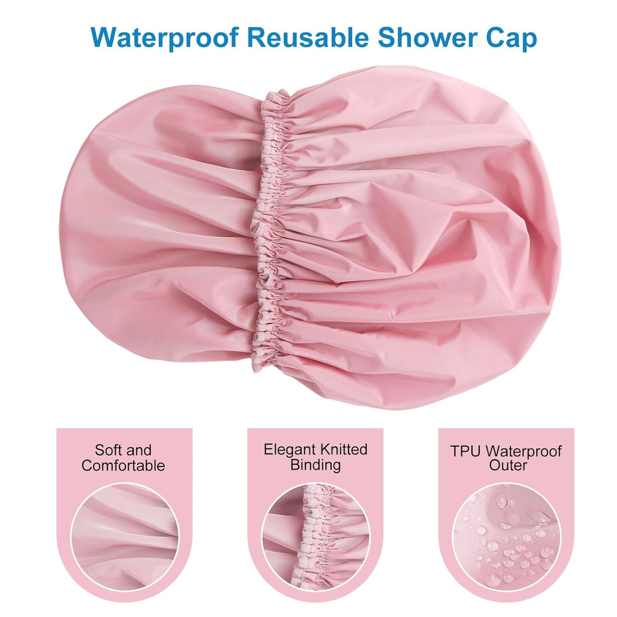 Shower Cap for Women, Double Layer Waterproof Bath Cap, Reusable Hair Protector, Large Waterproof Shower Bonnet Washable Elastic Band Bath Hair Hat for Long Hair, Braids, - Pink