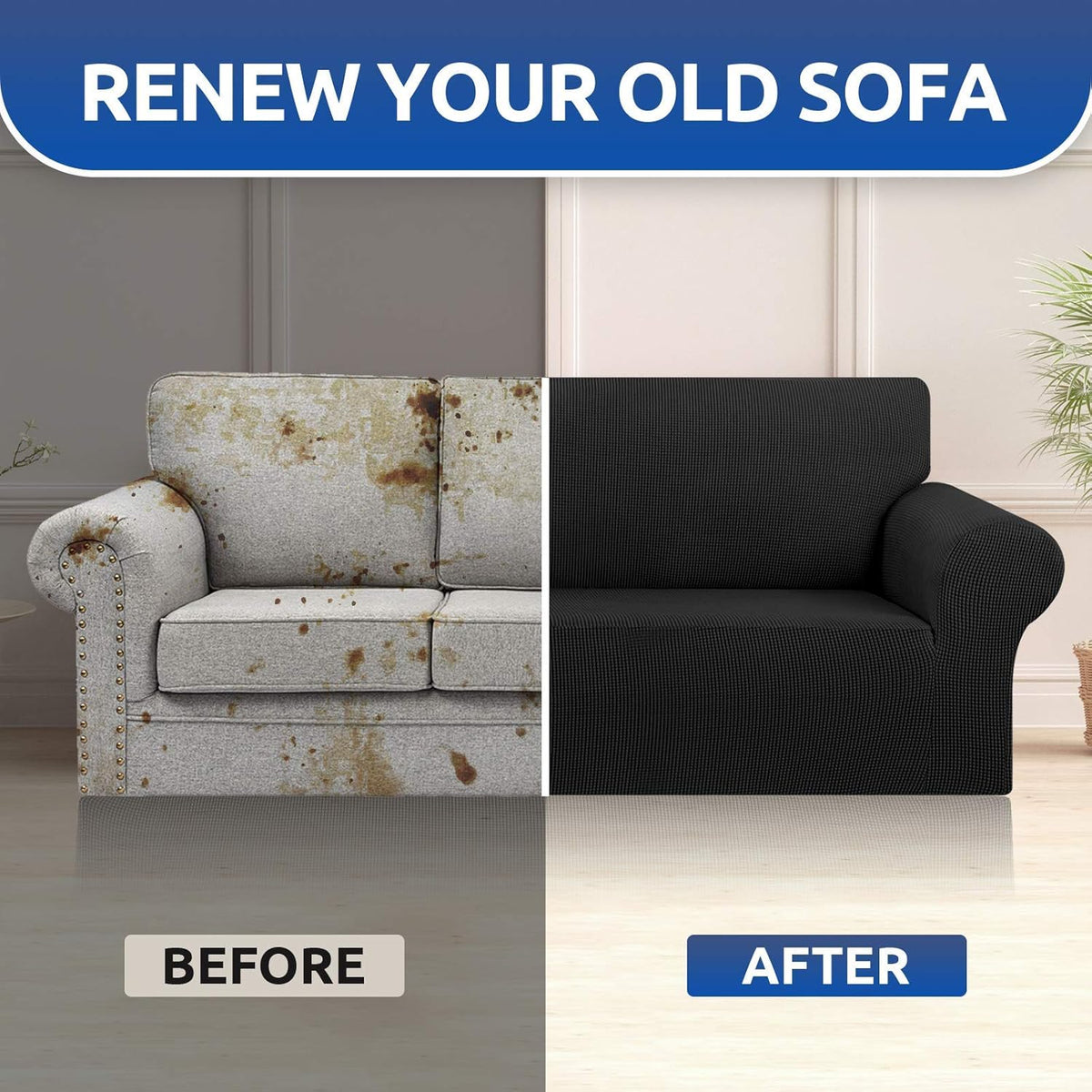 Stretch Sofa Cover Slipcover ,Couch Covers for 3 Cushion Couch Sofa pet Friendly (78"-94") Furniture Protector Sofa with Elastic Bottom for Kids,Dog, Jacquard Small Checked(Large,Black)