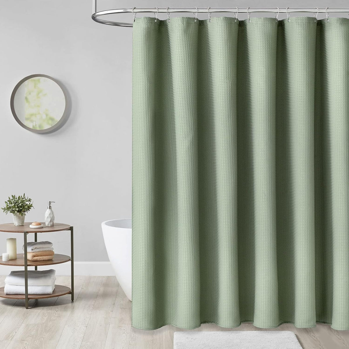 Dynamene Sage Green Shower Curtain - Waffle Textured Heavy Duty Thick Fabric Shower Curtains for Bathroom, 256GSM Luxury Weighted Polyester Cloth Bath Curtain Set with 12 Plastic Hooks,72Wx72H,Green