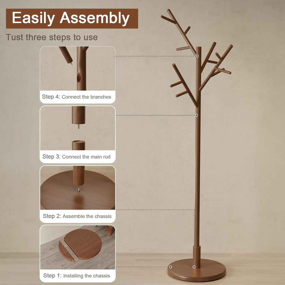 Coat Rack,Solid Wood Coat Rack Freestanding with 12 Hooks,Coat tree freestanding 3 Adjustable Heights for coat, Hats, Handbags,Coat Stand for Entryway,Bedroom (Walnut)