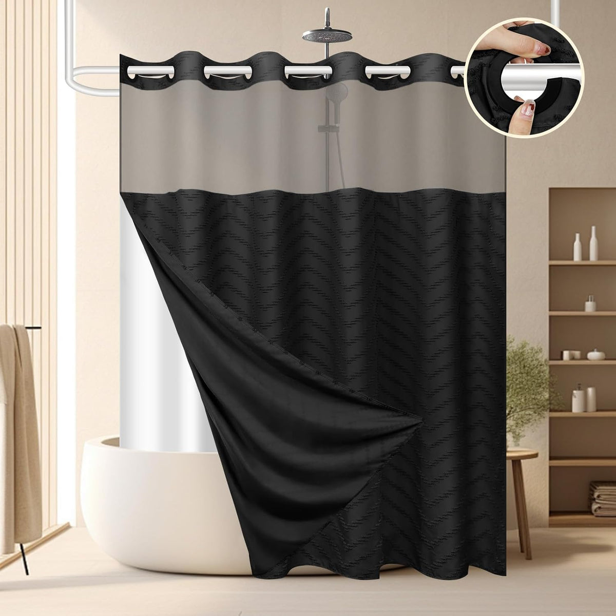 No Hook Shower Curtain and Liner Set, Black Snap in Shower Curtain Ringless Chevron Tufted Cloth Waterproof Washable Fabric Bath Curtain with See Through Top Window for Bathroom Hotel 71" x 74"