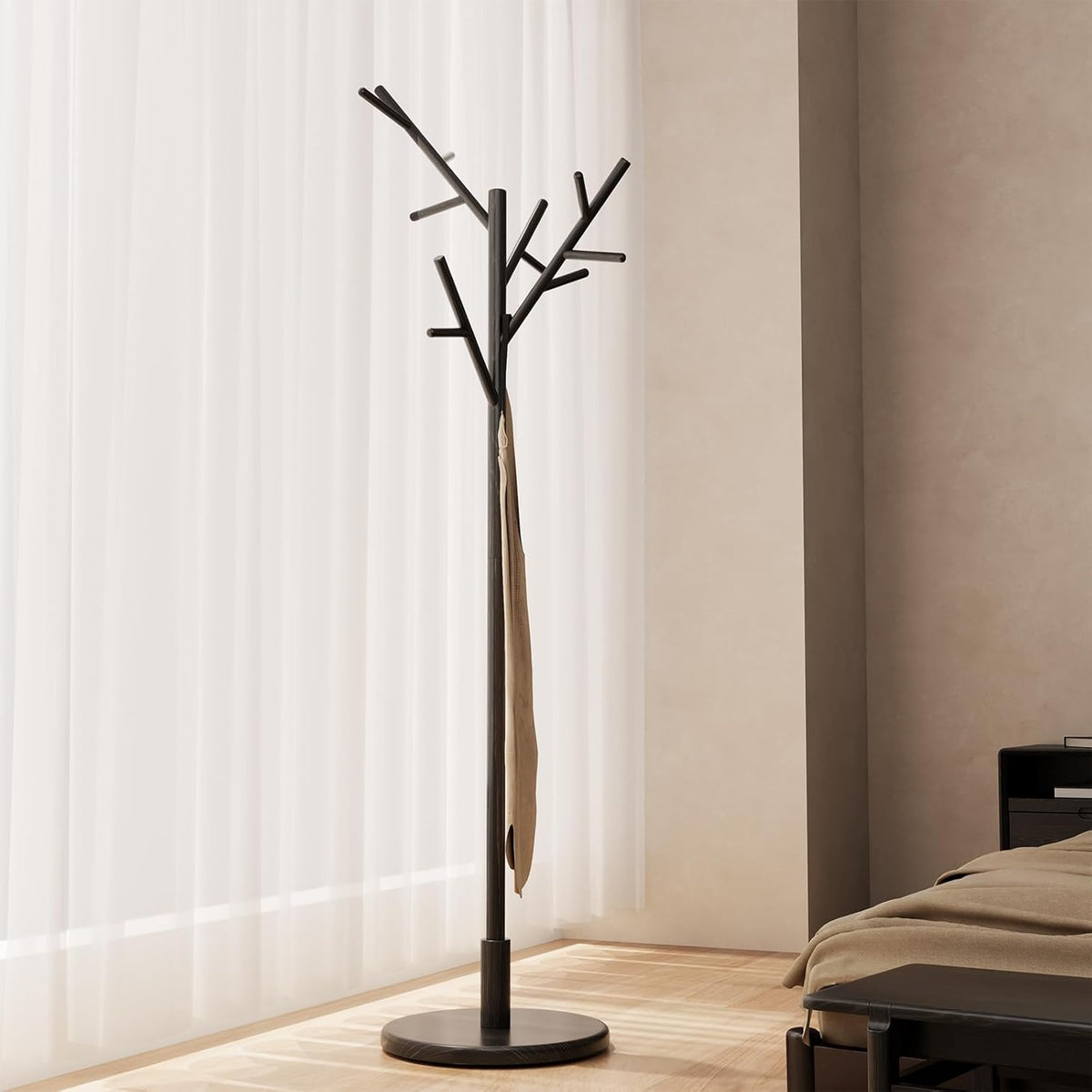 Coat Rack,Solid Wood Coat Rack Freestanding with 12 Hooks,Coat tree freestanding 3 Adjustable Heights for coat, Hats, Handbags,Coat Stand for Entryway,Bedroom (Walnut)