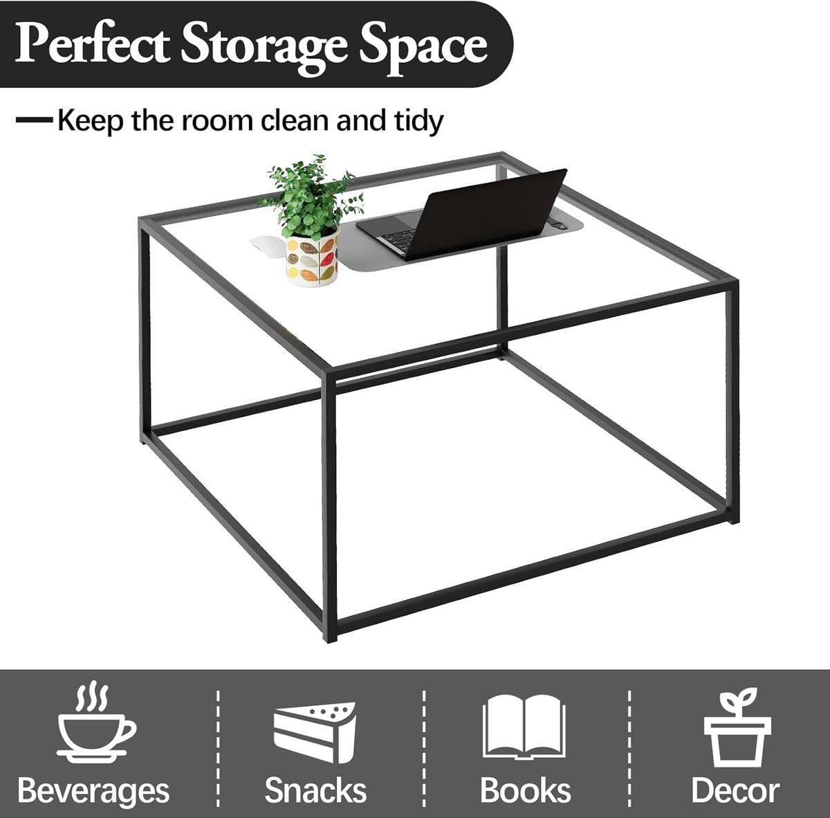 Black Glass Coffee Table for Living Room,Square Coffee Tables for Small Spaces,Simple Tea Cocktail Modern Center Tables, Living Room Tables,Easy Assembly,26 * 26in(Black & Clear Glass)