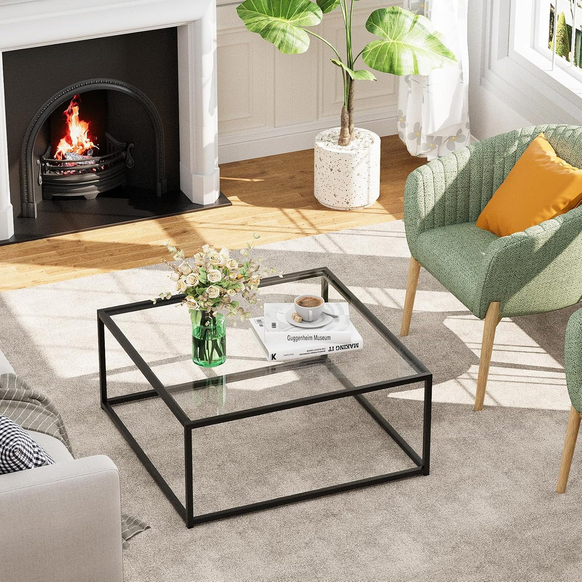Black Glass Coffee Table for Living Room,Square Coffee Tables for Small Spaces,Simple Tea Cocktail Modern Center Tables, Living Room Tables,Easy Assembly,26 * 26in(Black & Clear Glass)