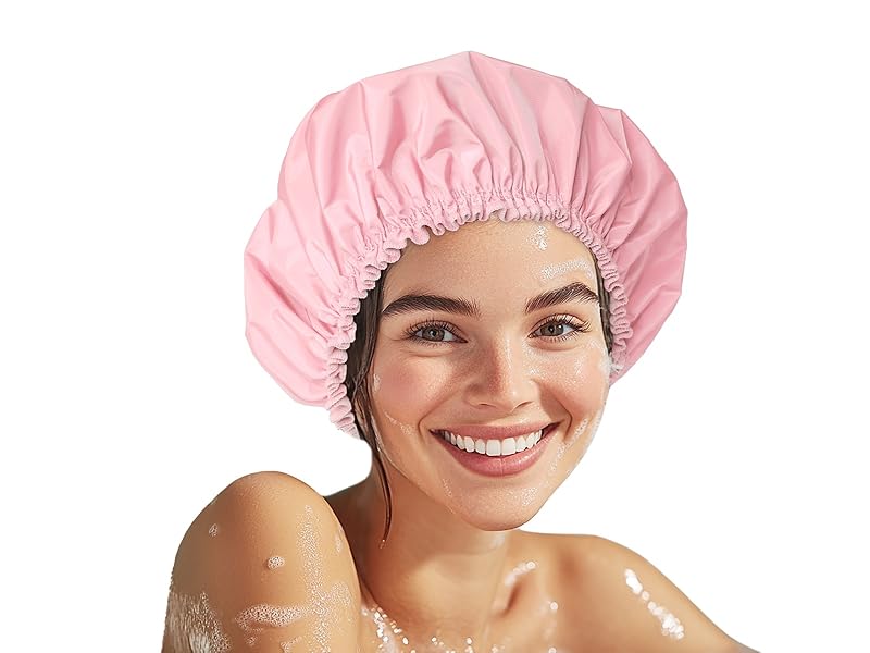 Shower Cap for Women, Double Layer Waterproof Bath Cap, Reusable Hair Protector, Large Waterproof Shower Bonnet Washable Elastic Band Bath Hair Hat for Long Hair, Braids, - Pink