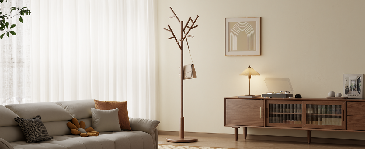 Coat Rack,Solid Wood Coat Rack Freestanding with 12 Hooks,Coat tree freestanding 3 Adjustable Heights for coat, Hats, Handbags,Coat Stand for Entryway,Bedroom (Walnut)