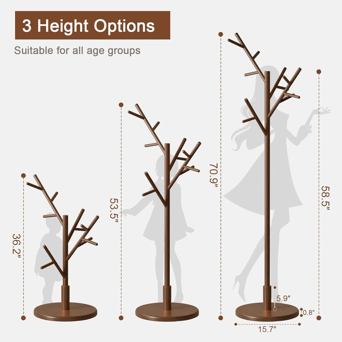 Coat Rack,Solid Wood Coat Rack Freestanding with 12 Hooks,Coat tree freestanding 3 Adjustable Heights for coat, Hats, Handbags,Coat Stand for Entryway,Bedroom (Walnut)