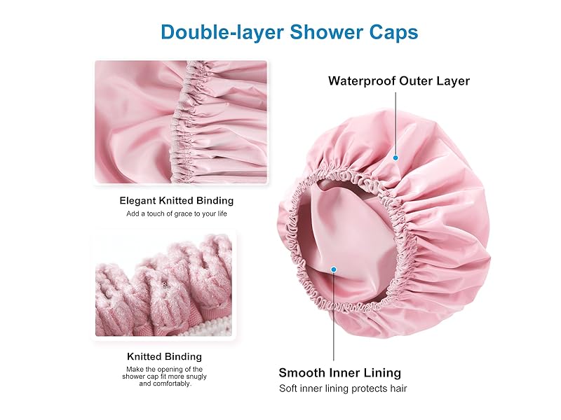Shower Cap for Women, Double Layer Waterproof Bath Cap, Reusable Hair Protector, Large Waterproof Shower Bonnet Washable Elastic Band Bath Hair Hat for Long Hair, Braids, - Pink