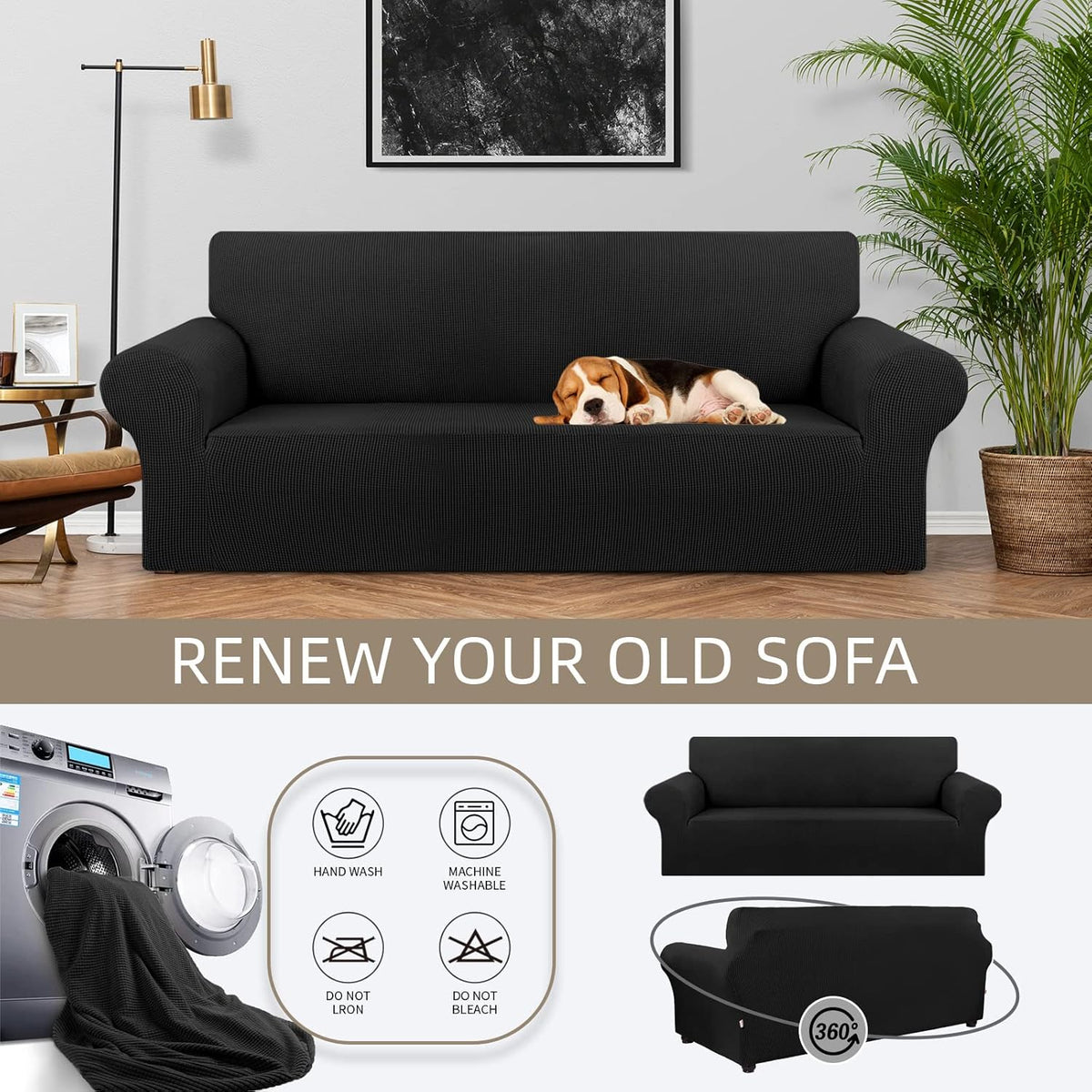 Stretch Sofa Cover Slipcover ,Couch Covers for 3 Cushion Couch Sofa pet Friendly (78"-94") Furniture Protector Sofa with Elastic Bottom for Kids,Dog, Jacquard Small Checked(Large,Black)