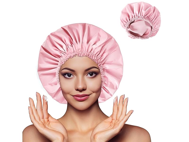 Shower Cap for Women, Double Layer Waterproof Bath Cap, Reusable Hair Protector, Large Waterproof Shower Bonnet Washable Elastic Band Bath Hair Hat for Long Hair, Braids, - Pink