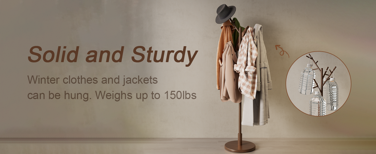 Coat Rack,Solid Wood Coat Rack Freestanding with 12 Hooks,Coat tree freestanding 3 Adjustable Heights for coat, Hats, Handbags,Coat Stand for Entryway,Bedroom (Walnut)
