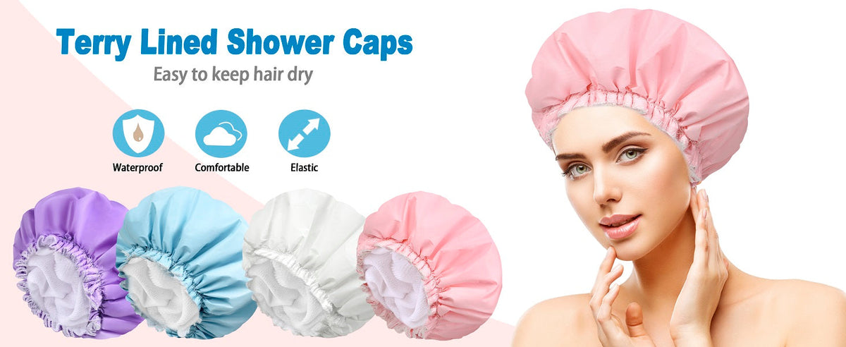 Shower Cap for Women, Double Layer Waterproof Bath Cap, Reusable Hair Protector, Large Waterproof Shower Bonnet Washable Elastic Band Bath Hair Hat for Long Hair, Braids, - Pink