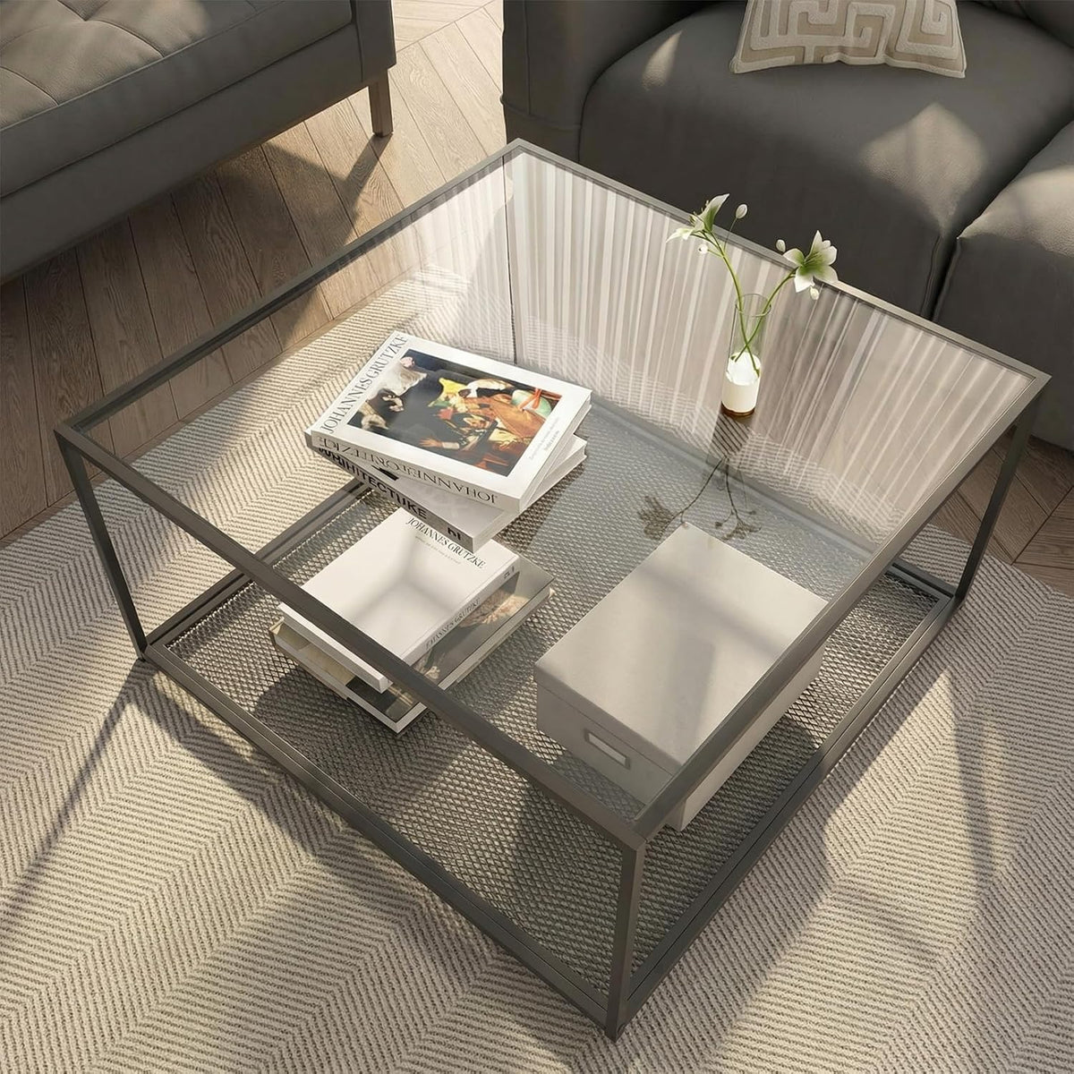 Black Glass Coffee Table for Living Room,Square Coffee Tables for Small Spaces,Simple Tea Cocktail Modern Center Tables, Living Room Tables,Easy Assembly,26 * 26in(Black & Clear Glass)