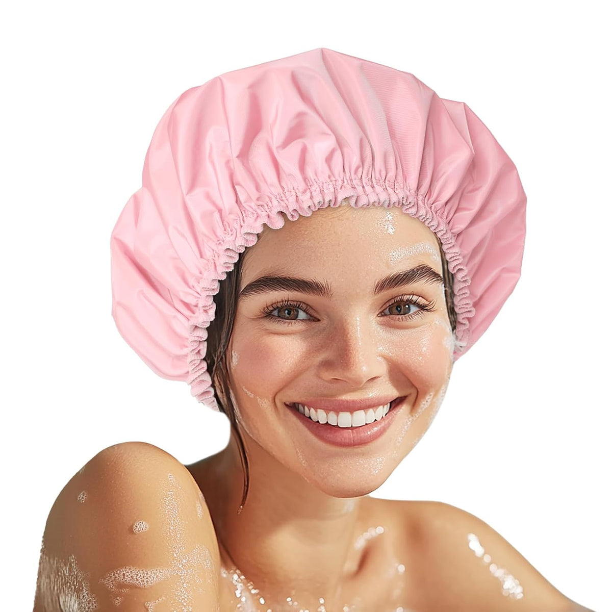 Shower Cap for Women, Double Layer Waterproof Bath Cap, Reusable Hair Protector, Large Waterproof Shower Bonnet Washable Elastic Band Bath Hair Hat for Long Hair, Braids, - Pink