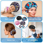 Shower Cap for Women Set of 4, Bath Caps, Double Layers Hair Caps + 2 Satin Hair Scrunchies, Reusable Waterproof Shower Caps, Elastic Hair Cap for Shower - Pattern A