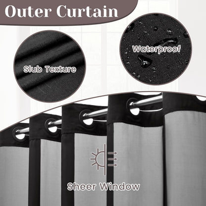 No Hook Slub Textured Shower Curtain with Snap in Liner - Black Fabric Outer Curtain & Waterproof Inner Liner, Hotel Style with See Through Top Window, 71x74 in