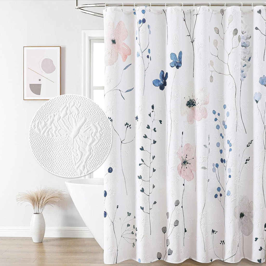 Watercolor Floral Shower Curtain, 3D Embossed Butterflies Grey Beige Flower Bathroom Curtains, Minimalist White Cloth Bath Curtain, Waterproof Fabric Textured Shower Curtain Set with Hooks, 72x72