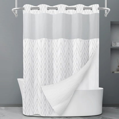 No Hook Grey White Striped Shower Curtain with Snap in Fabric Liner Set - Hotel Liner Set with See Through Mesh Top Window,Machine Washable, 71x74 INCH