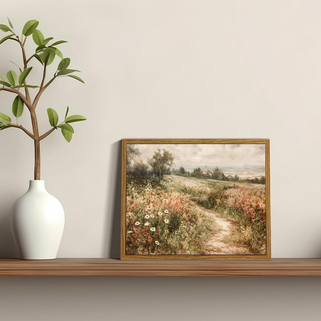 Framed Canvas Wall Art,Vintage Decor,Landscape Nature Country Wildflower Paintings Farmhouse Pictures Modern Artwork Rustic Fall Flower Prints Cottagecore Office Living Room Bedroom Bathroom
