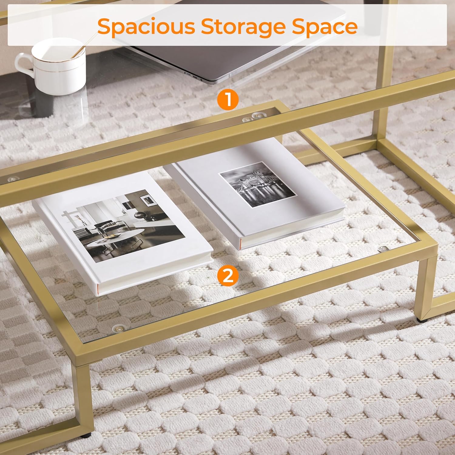 Yaheetech Gold Coffee Table, 42" Rectangular Glass Coffee Table for Living Room, 2-Tier Living Room Tables with Storage Center Tea Tables with Metal Frame for Small Space, Apartment, Office