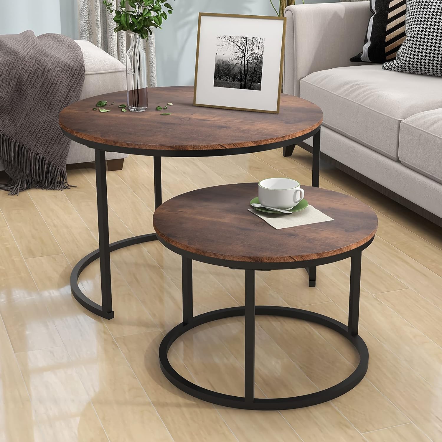 HOJINLINERO Round Coffee Table,Nesting Coffee Table Set of 2,Center Tables for Living Room,Office, Home Small Space,Stacking Side Tables,Sturdy and Easy Assembly,Wood Desktop,Brown,Large