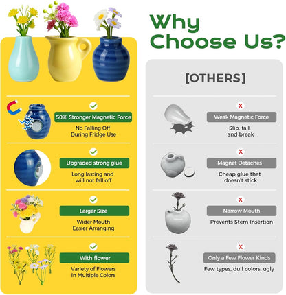 8 Pcs Refrigerator Magnets - Cute Mini Ceramic Vase Fridge Magnets with Artificial Flowers, Funny Tiny Vase Magnet for Fridge Decorative, Office, Kitchen, Locker, Whiteboard