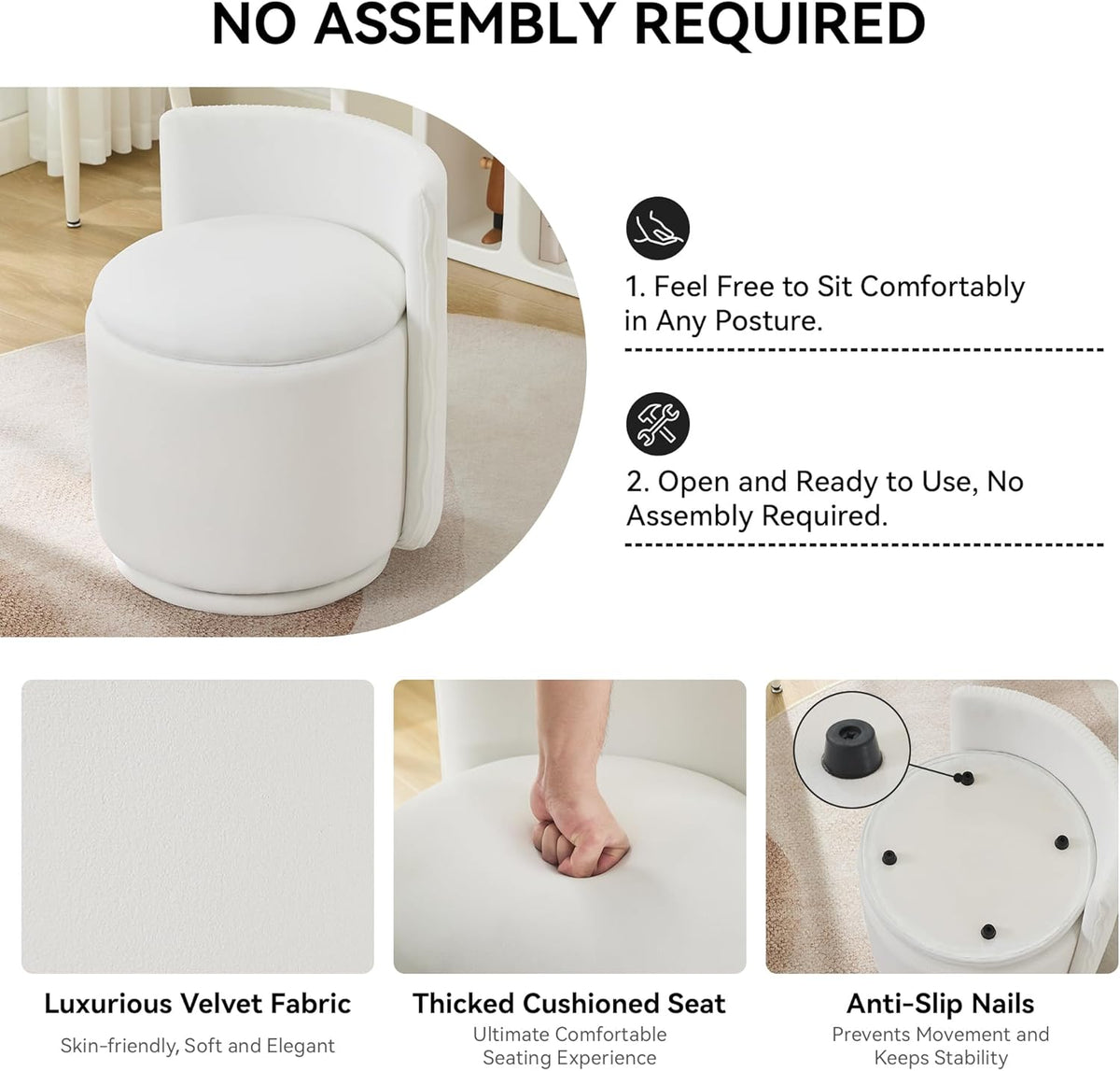 Velvet Vanity Chair with Storage, 360° Swivel Makeup Chair with Wave Back, No Assembly Small Accent Stool for Bedroom, Dressing, Living Room, White