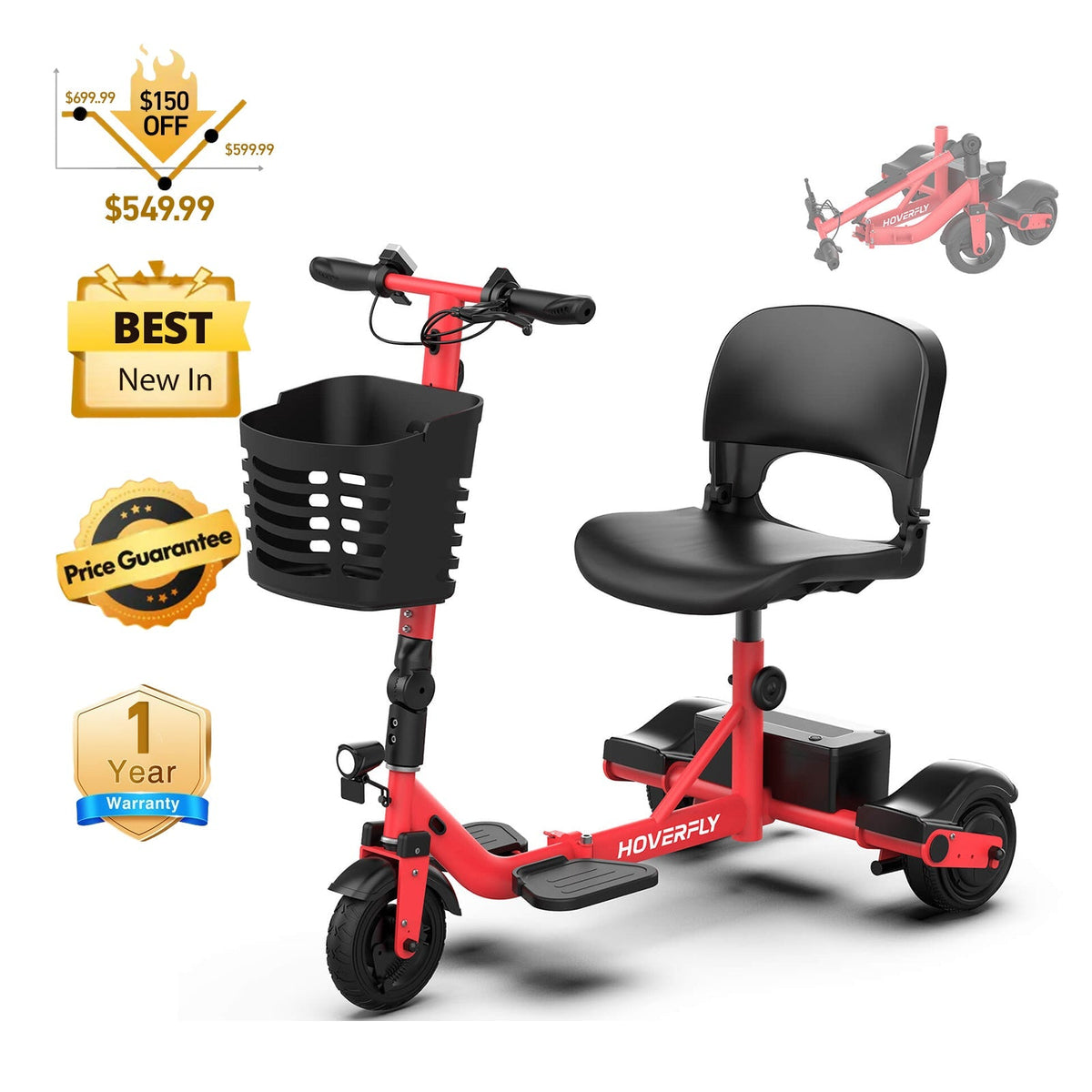 Hoverfly T3 3-wheel Foldable Mobility Scooter for Adults (👻Halloween Sale)